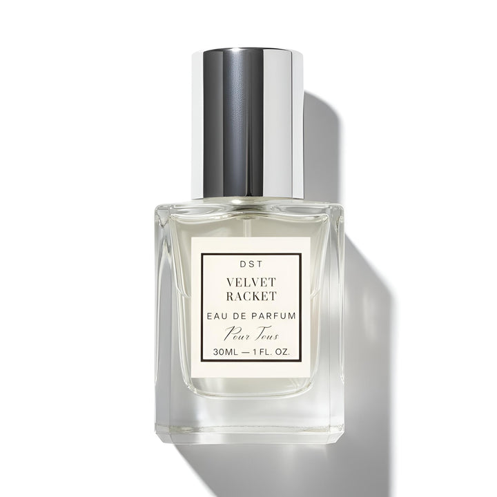 Perfume bottle labeled 'Velvet Racket' on a white background