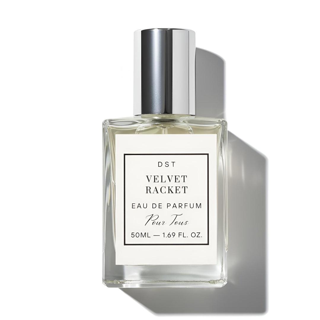 Perfume bottle labeled 'Velvet Racket' on a white background