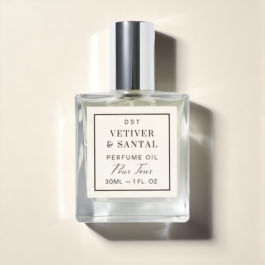 Perfume oil bottle labeled 'Vetiver & Santal' on a beige background