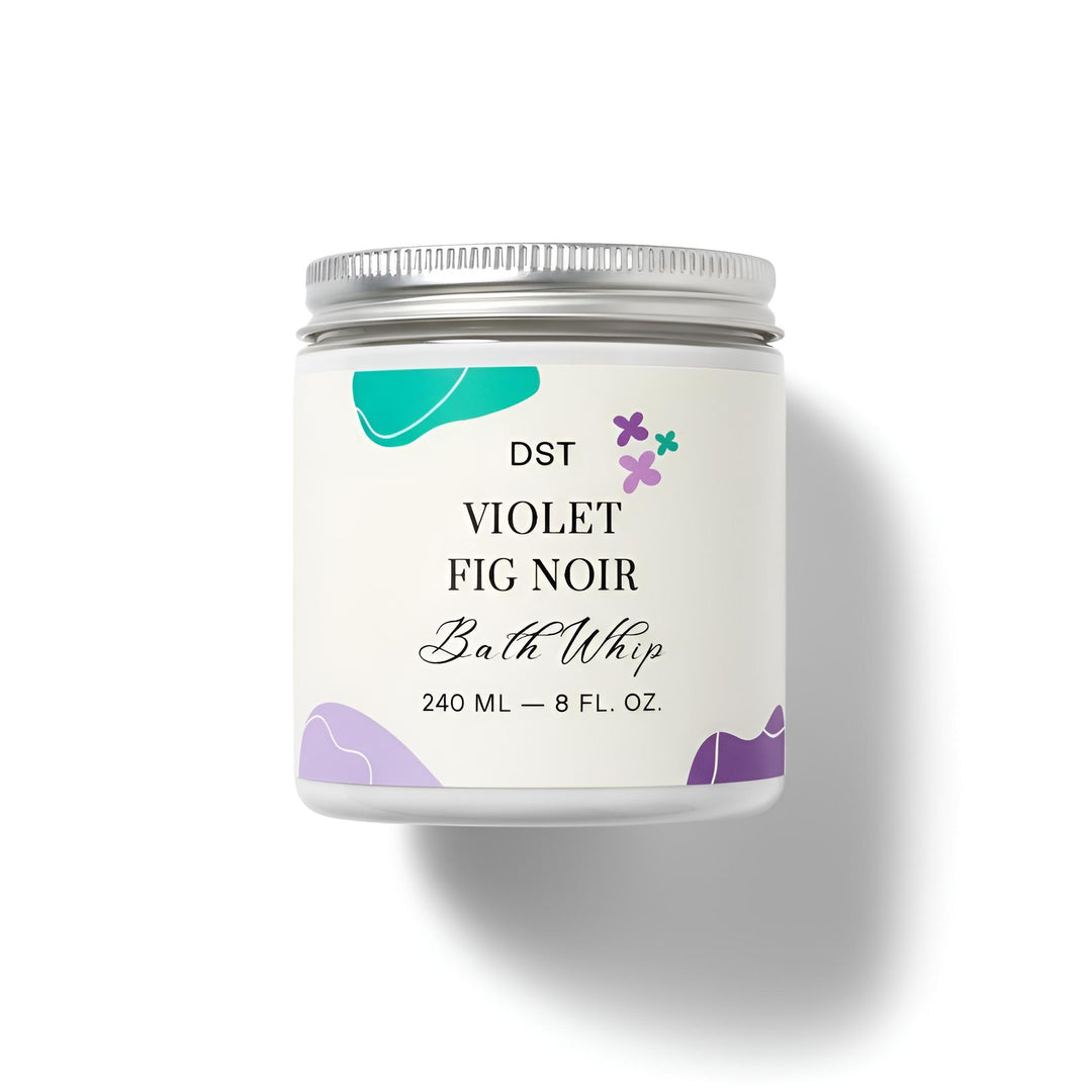 Jar of DST Violet Fig Noir Bath Whip with decorative elements on a white background