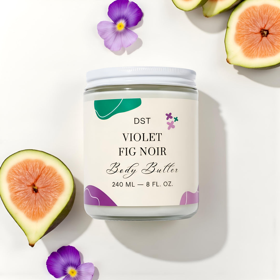 Body butter jar labeled 'Violet Fig Noir' with figs and flowers on a white background