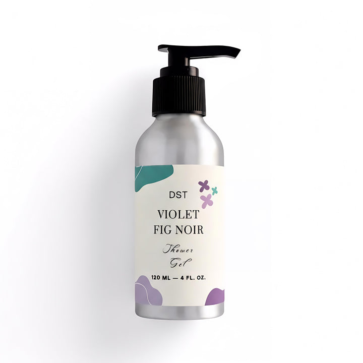 Bottle of DST Fragrances Violet Fig Noir shower gel with a pump on a white background