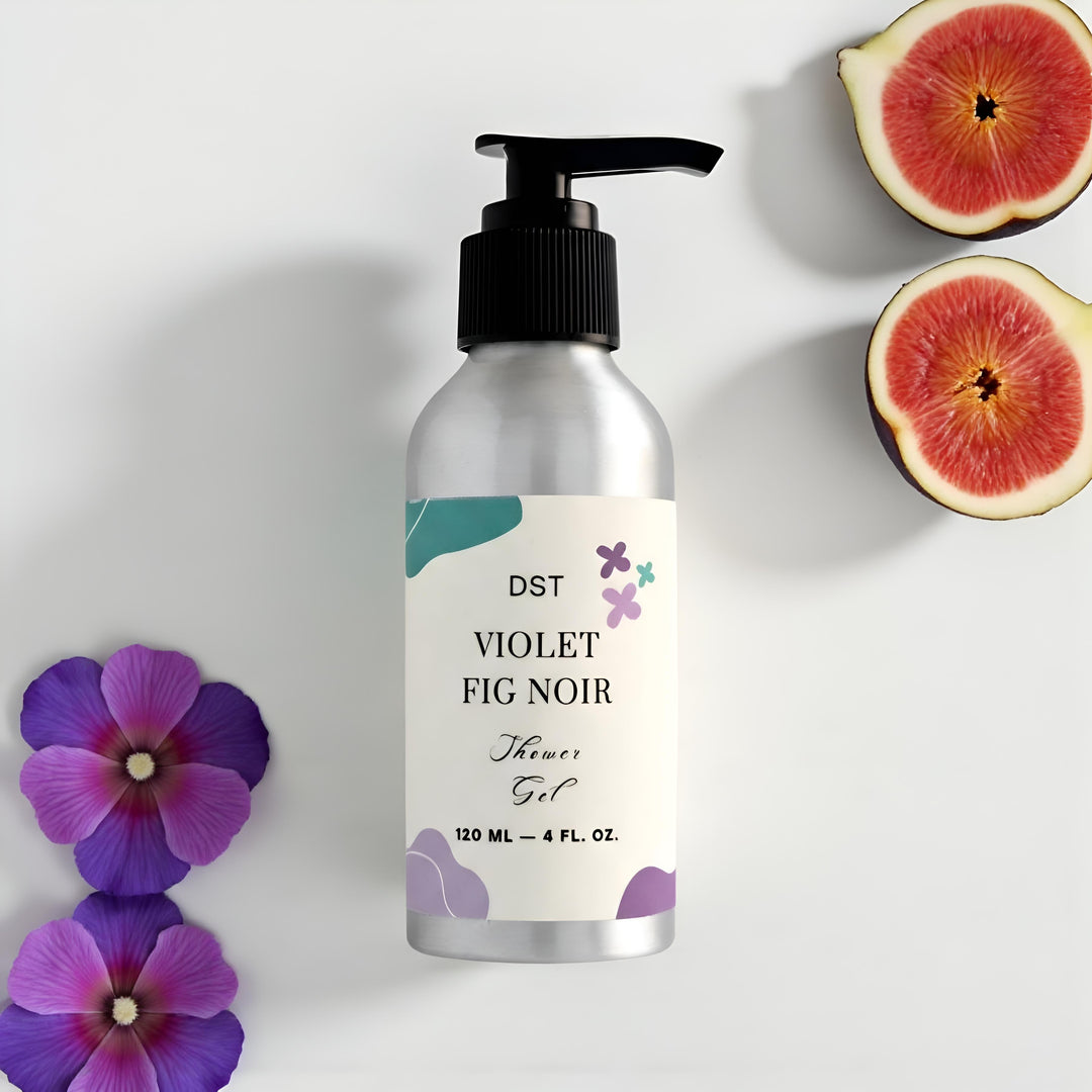DST Fragrances Shower gel bottle labeled 'Violet Fig Noir' with a purple flower and figs on a beige background