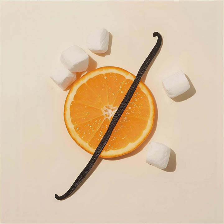 Marshmallow Muse fragrance notes. Top notes: Orange blossom, neroli, honeysuckle. Middle Notes: Marshmallow. Base Notes Vanilla, Amber.