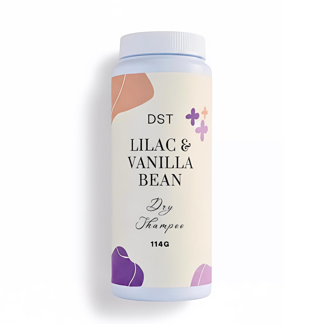 Bottle of DST Fragrances Lilac Vanilla Bean Dry Shampoo on a white background with contact shadow.