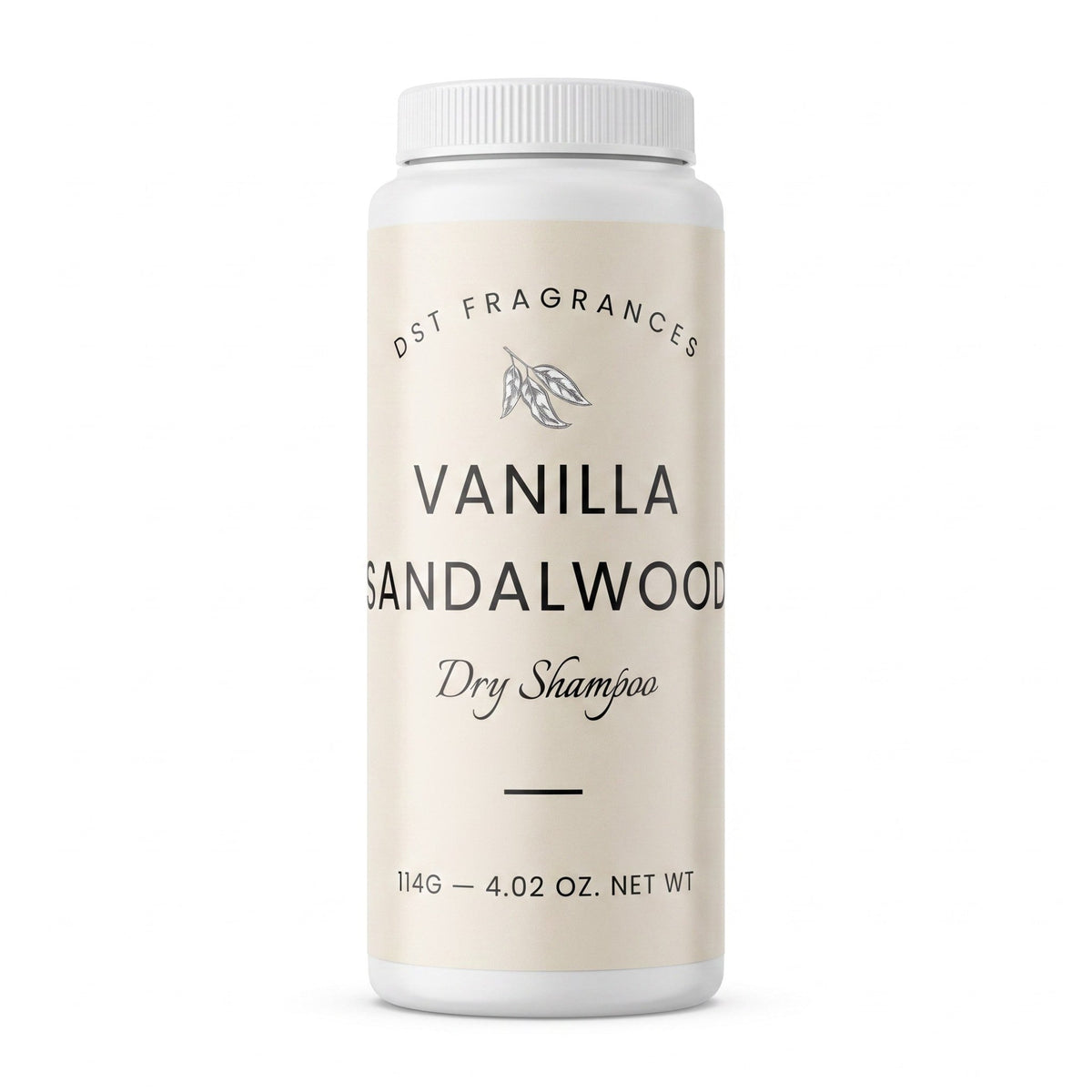 114g bottle of Vanilla Sandalwood scented dry shampoo powder by DST Fragrances against a white background. 