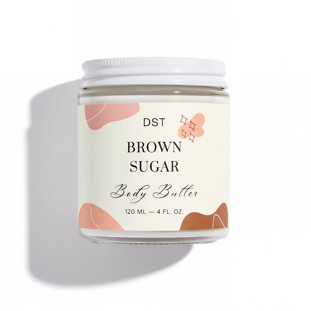 Jar of DST Fragrances Brown Sugar Body Butter on a white background with contact shadow.