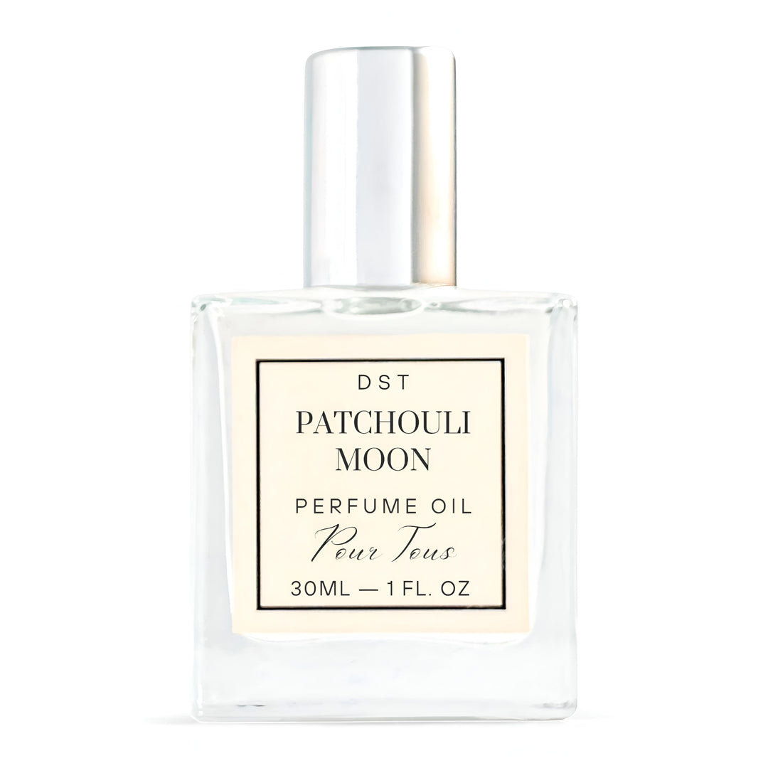 Bottle of DST Fragrances Patchouli Moon Perfume Oil on a white background with contact shadow.