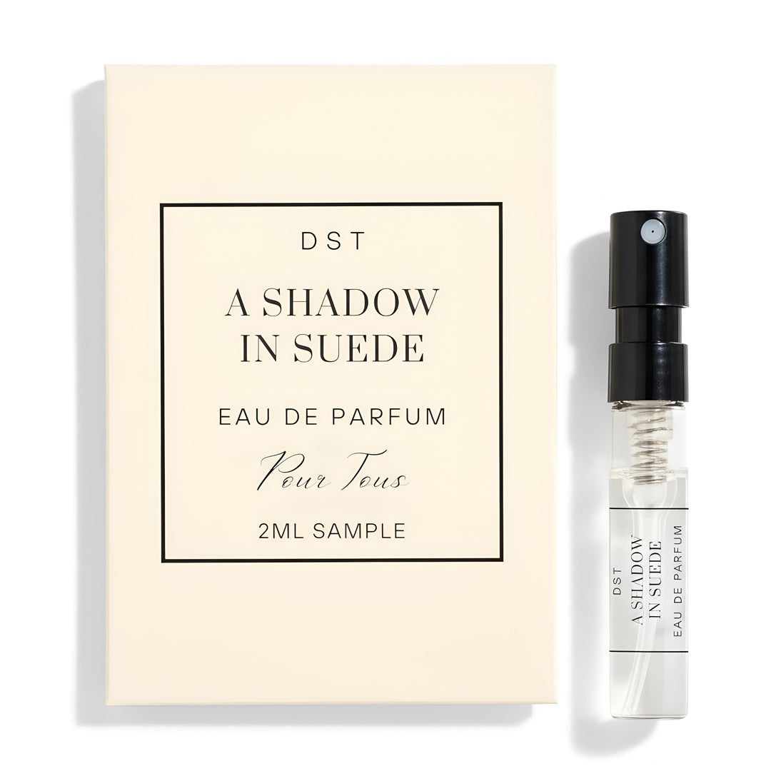 Perfume sample bottle with packaging labeled 'A Shadow in Suede' by DST on a white background.