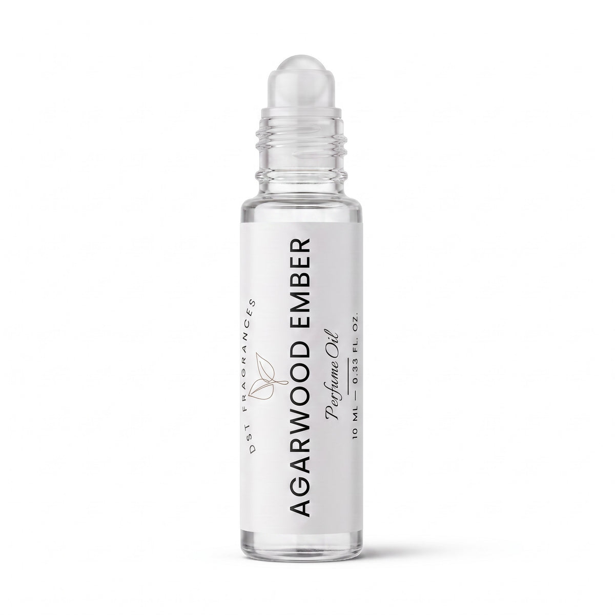 A clear glass rollerball bottle of Agarwood Ember perfume oil with a white label, shown on a clean white background.