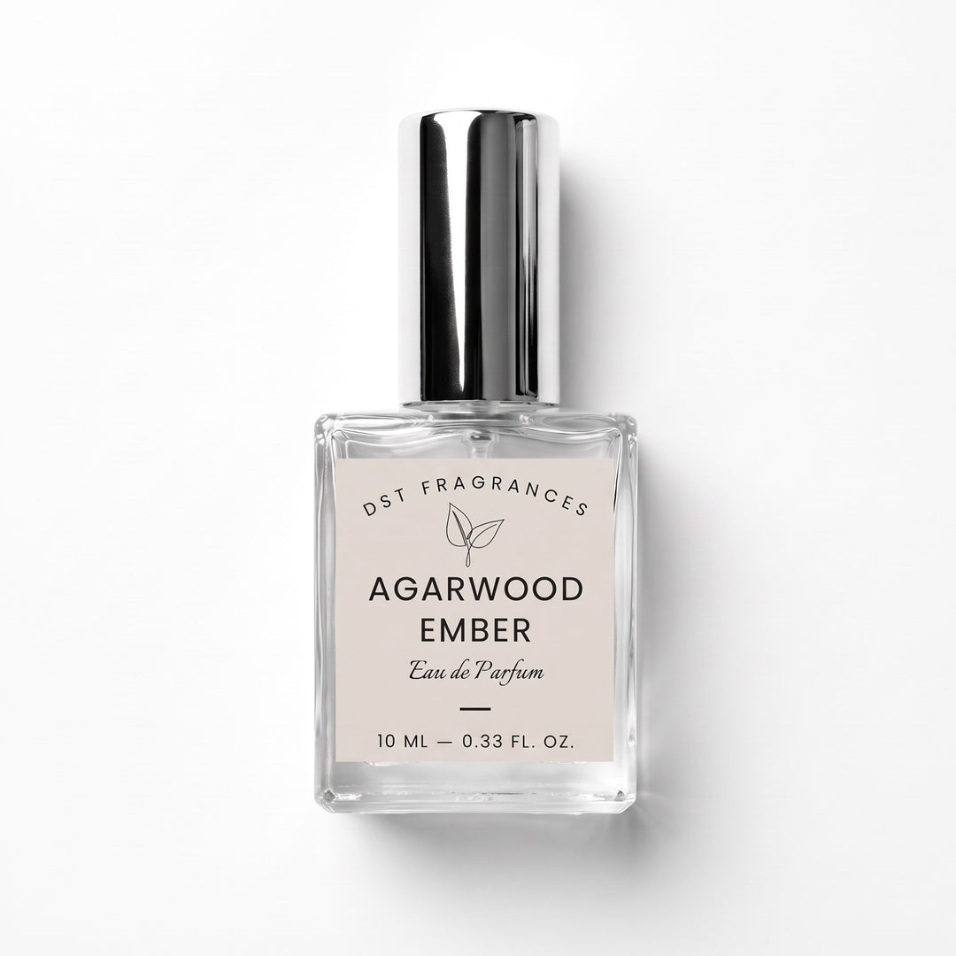 10ml bottle of Agarwood Ember eau de parfum by DST Fragrances against a white background.