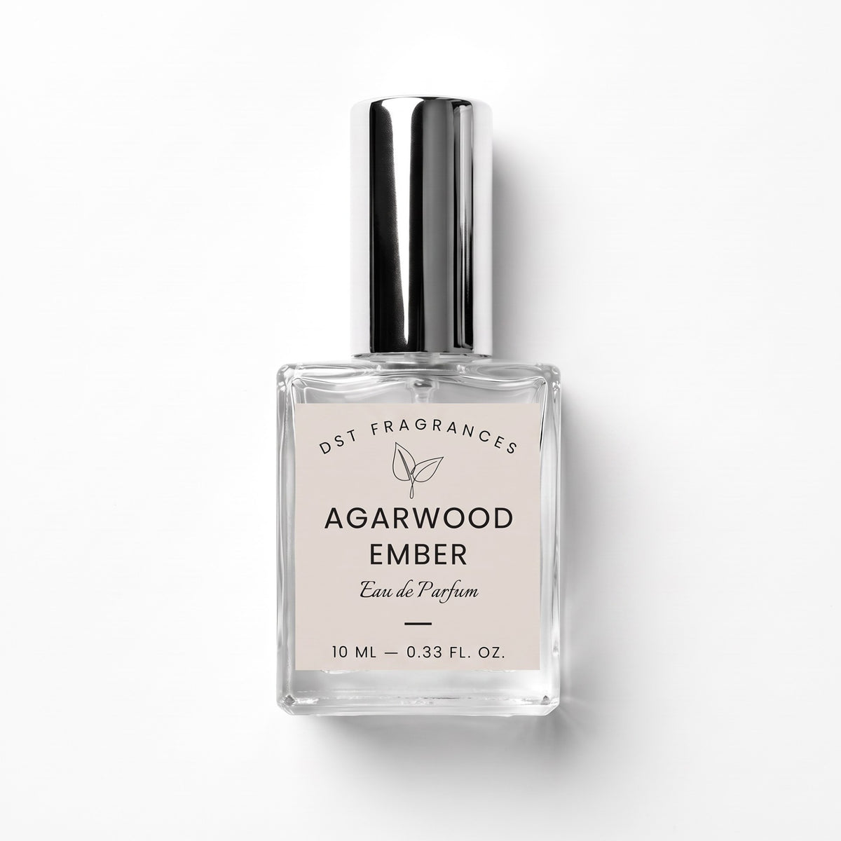 10ml bottle of Agarwood Ember eau de parfum by DST Fragrances against a white background.