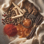 An overhead styled arrangement of whole spices and ingredients on cream fabric, including cinnamon sticks, star anise, whole peppercorns, a pile of red saffron threads, amber crystalline sugar, and a small bowl filled with amber liquid.