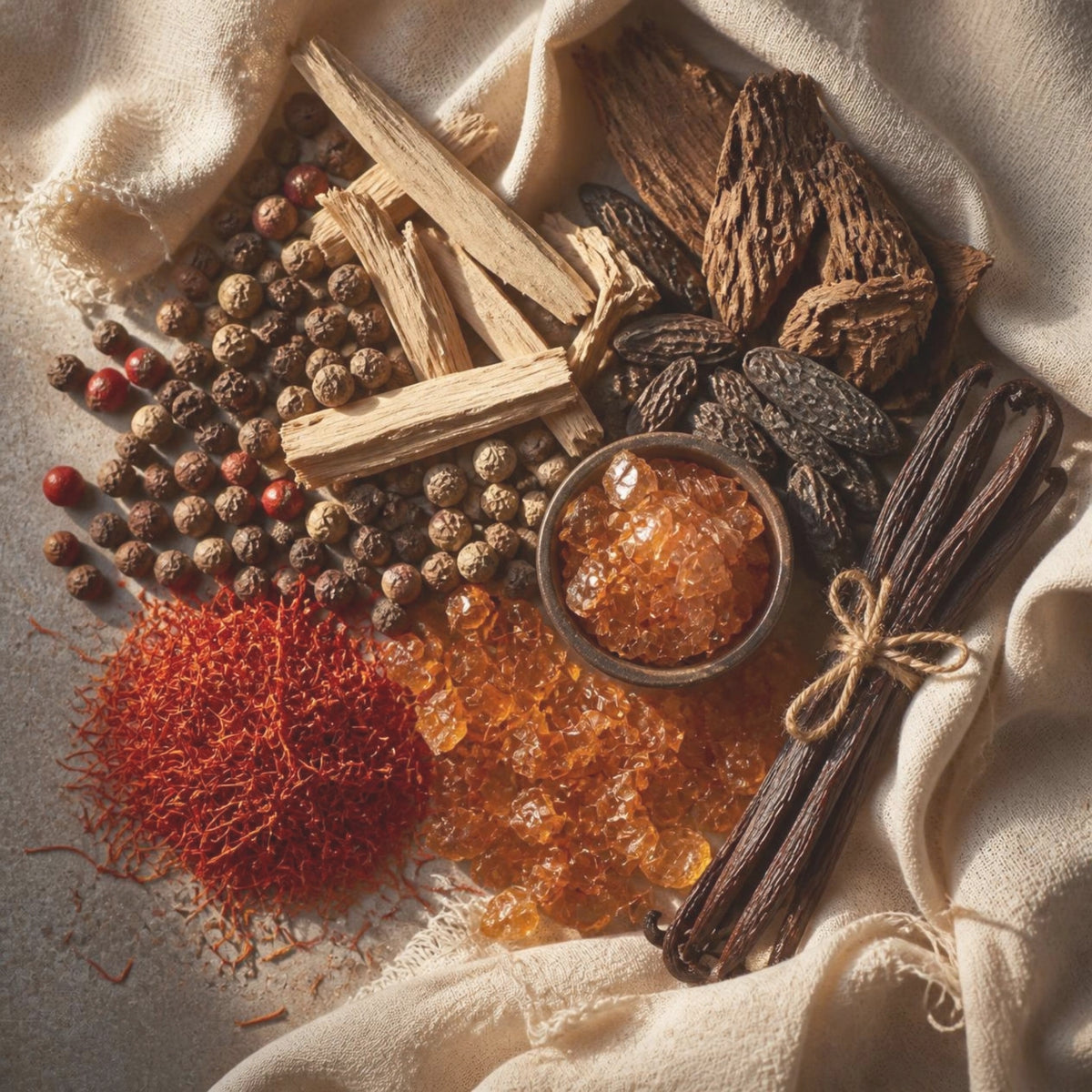 An overhead styled arrangement of whole spices and ingredients on cream fabric, including cinnamon sticks, star anise, whole peppercorns, a pile of red saffron threads, amber crystalline sugar, and a small bowl filled with amber liquid.