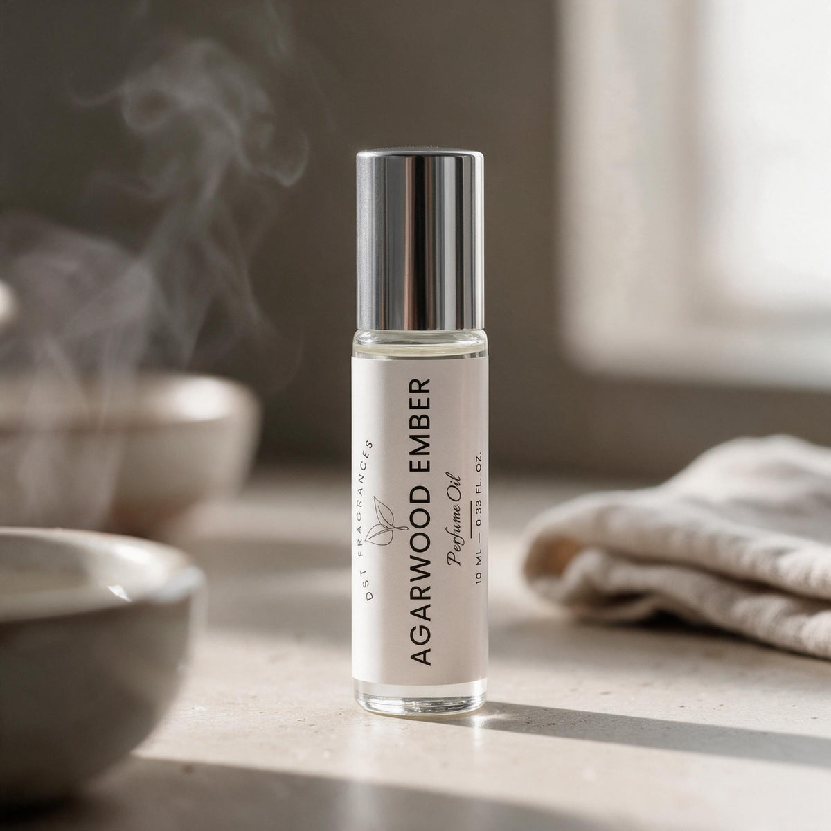 A clear glass roll-on bottle of Agarwood Ember perfume oil with a silver cap and white label, standing on a tabletop with soft-focus steam and neutral home decor in the background.