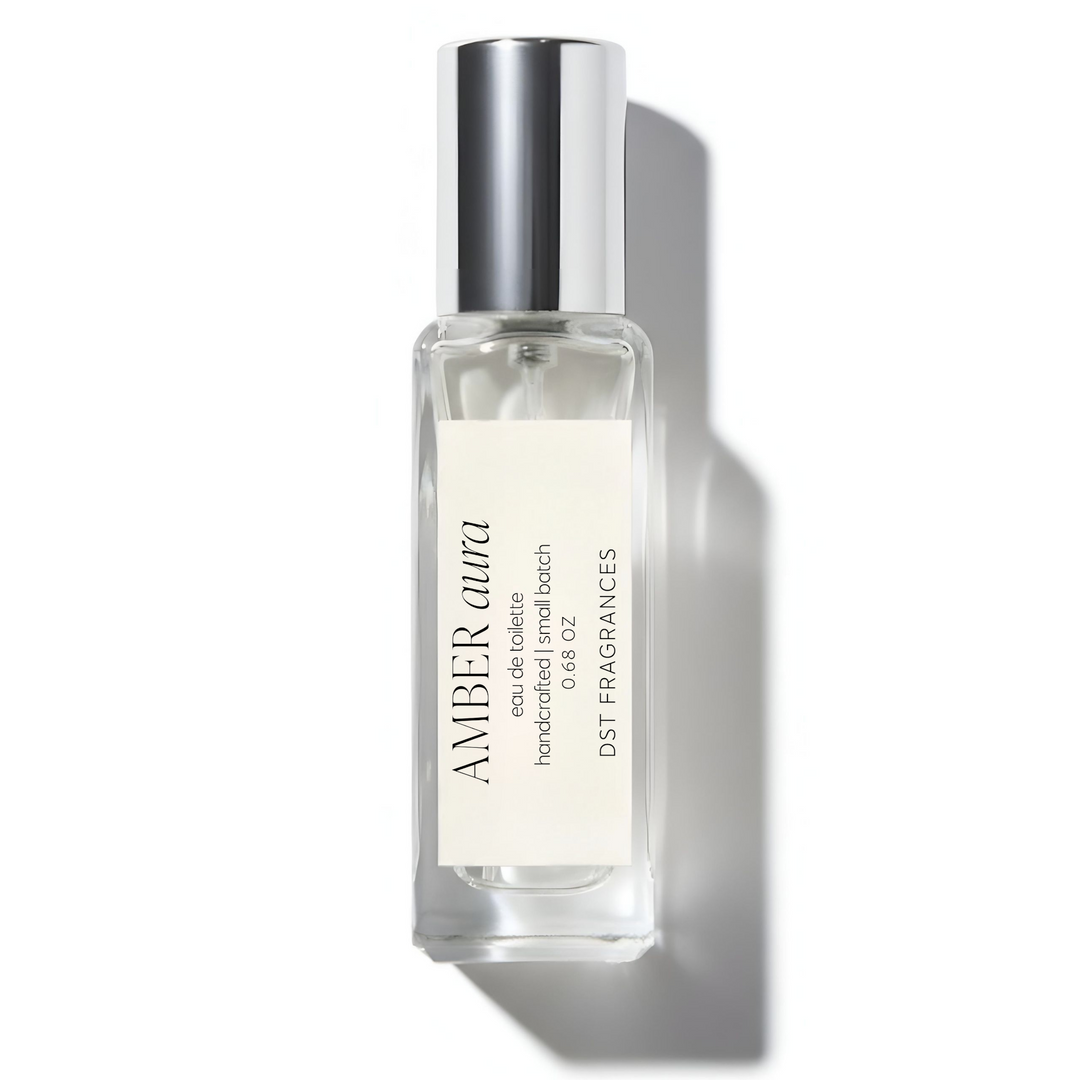 20ml bottle of Amber Aura Eau de Toilette by DST Fragrances on a white background.