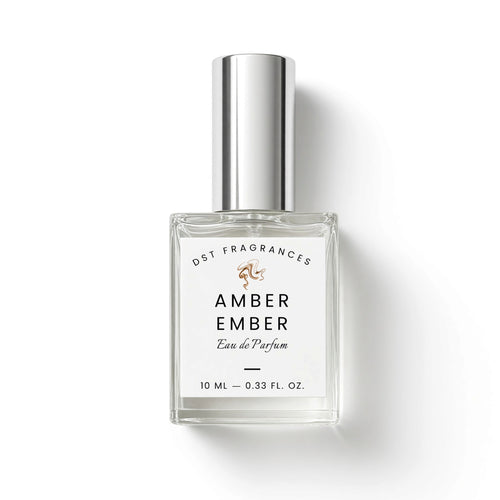 10ml bottle of Amber Ember Eau de Parfum by DST Fragrances against a white background.