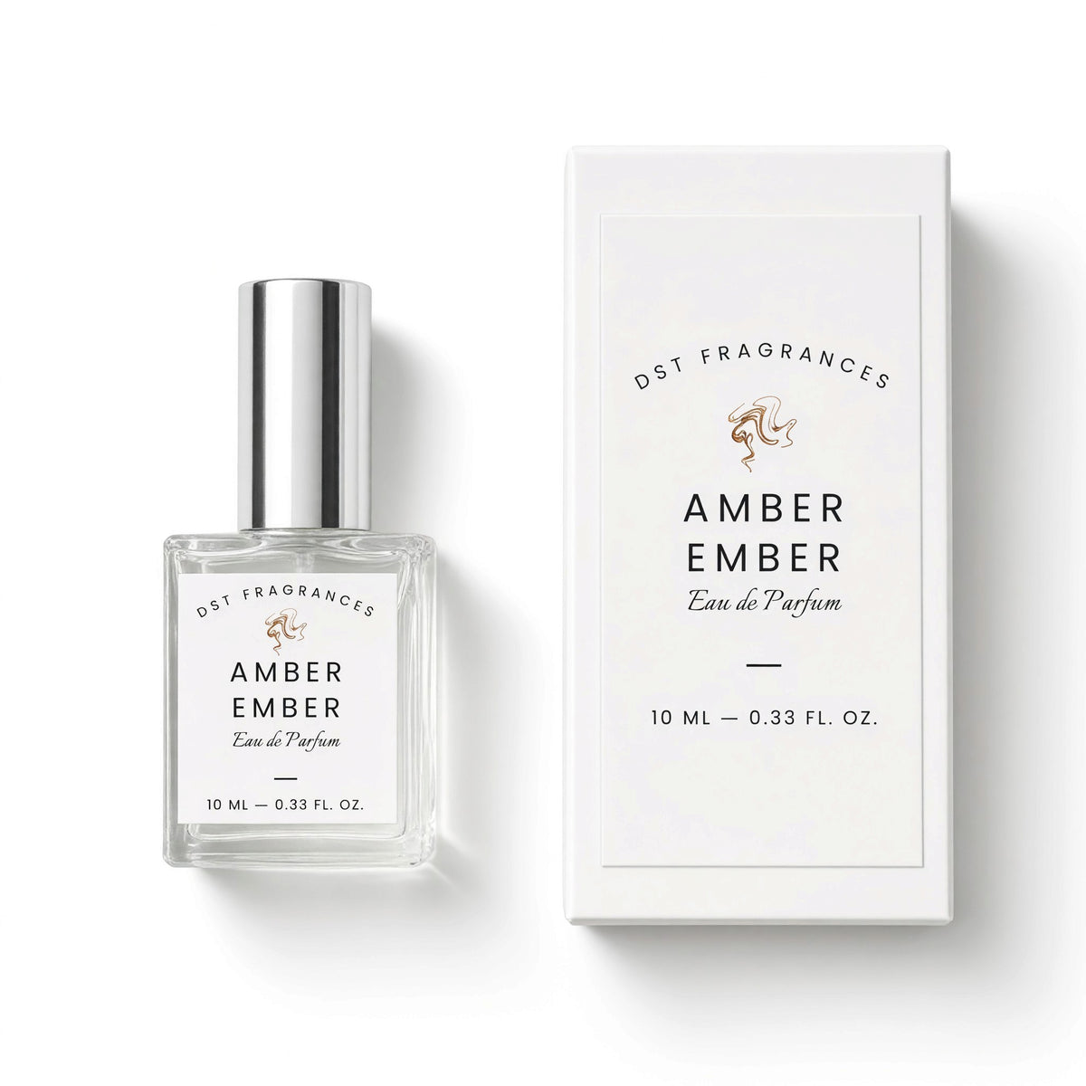 A 10 ml bottle of DST Fragrances Amber Ember Eau de Parfum next to its white packaging box, set against a clean white background.