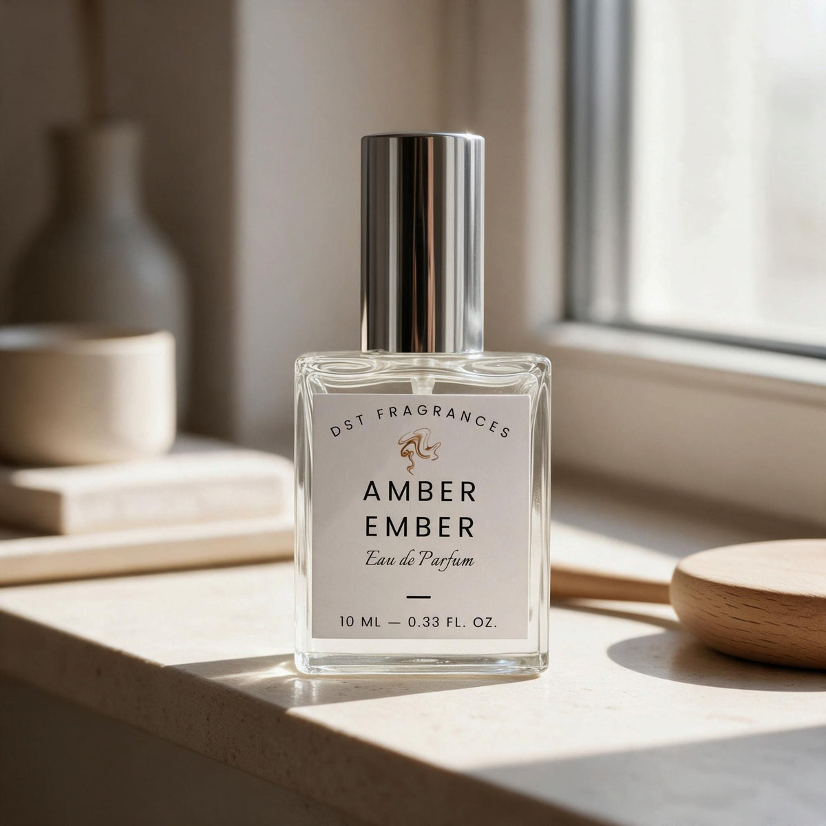 A 10 ml bottle of DST Fragrances Amber Ember Eau de Parfum with a silver cap and white label, sitting on a windowsill with warm natural light.