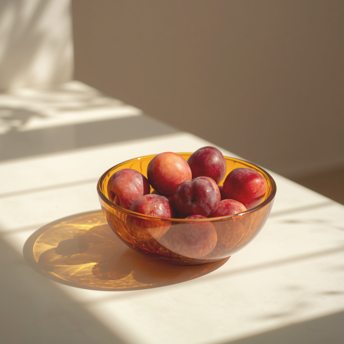 An amber glass bowl filled with red plums on a sunlit cream surface, casting a shadow with soft window light and shadows.