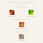 Top Notes:
green leaves
apple skin
Middle Notes:
mcintosh apple
Base Notes:
soft woods