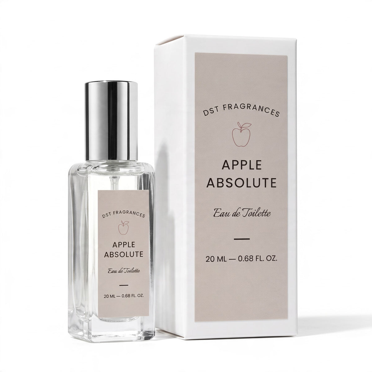 20ml bottle of Apple Absolute EDT standing next to its packaging.