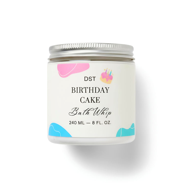 Bath whip container labeled 'DST Birthday Cake' on a white background