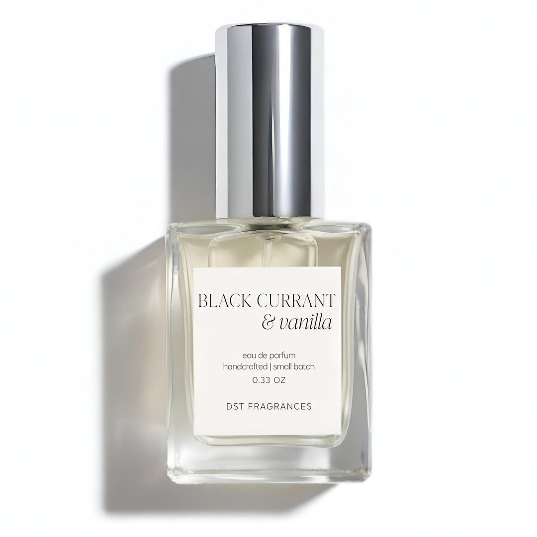 10ml bottle of Black Currant Vanilla Eau de Parfum by DST Fragrances against a white background.