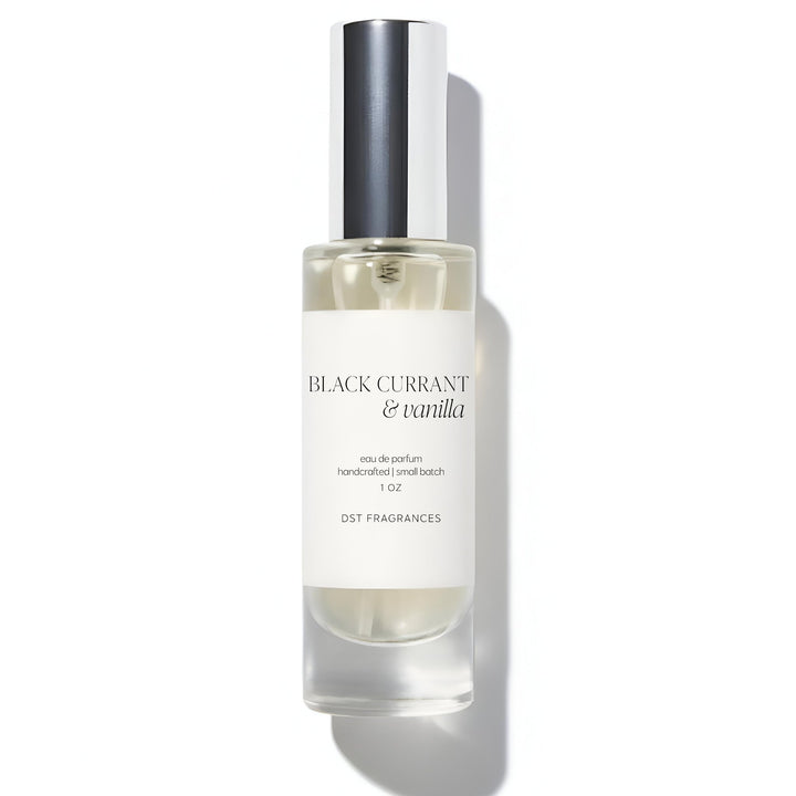 30ml bottle of Black Currant Vanilla Eau de Parfum by DST Fragrances against a white background.