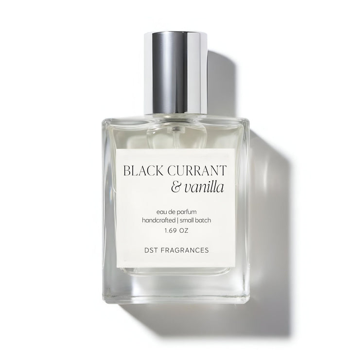50ml bottle of Black Currant Vanilla Eau de Parfum by DST Fragrances against a white background.