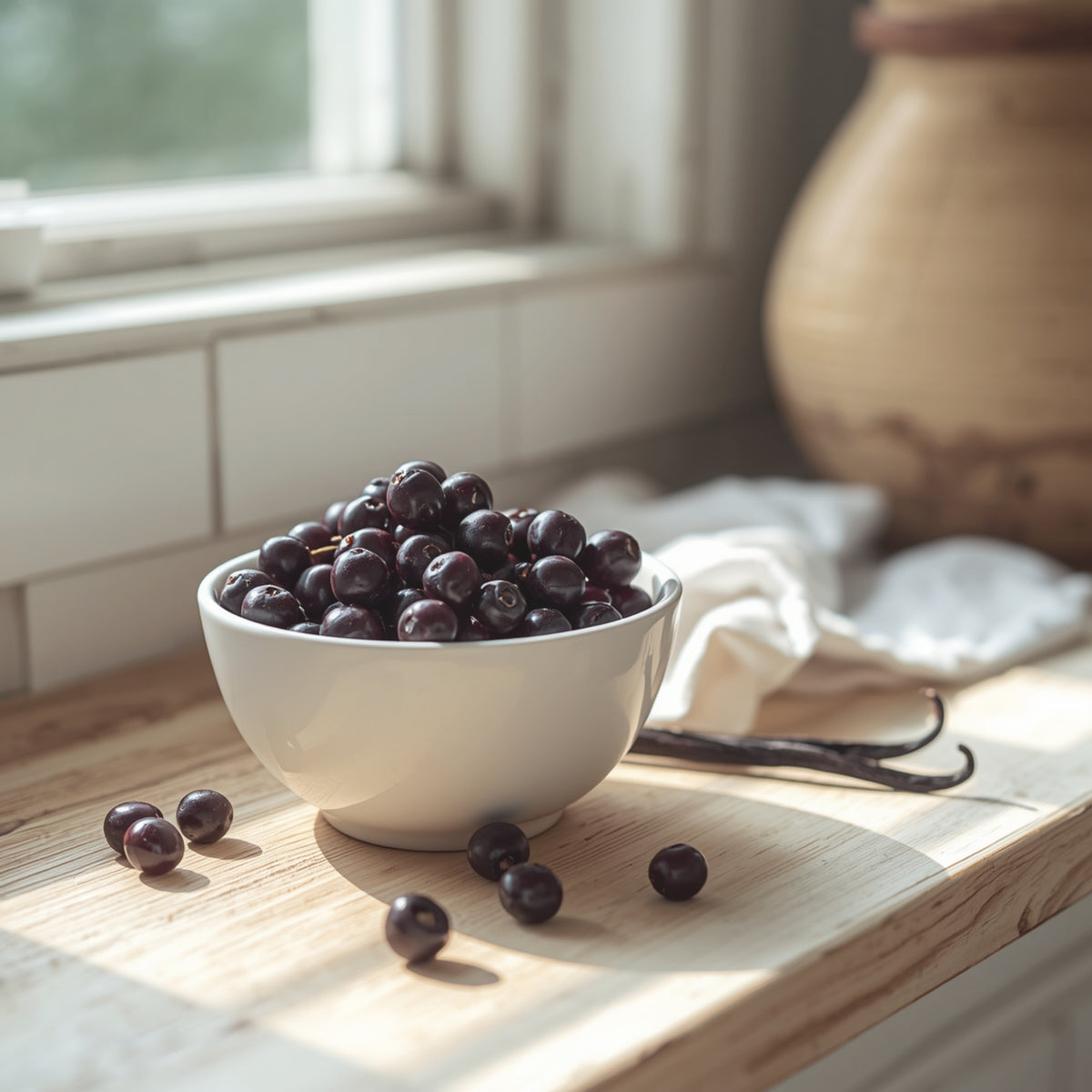 A white ceramic bowl filled with dark purple berries or grapes sits on a light wooden countertop near a window, with a few berries scattered around and vanilla beans nearby.
