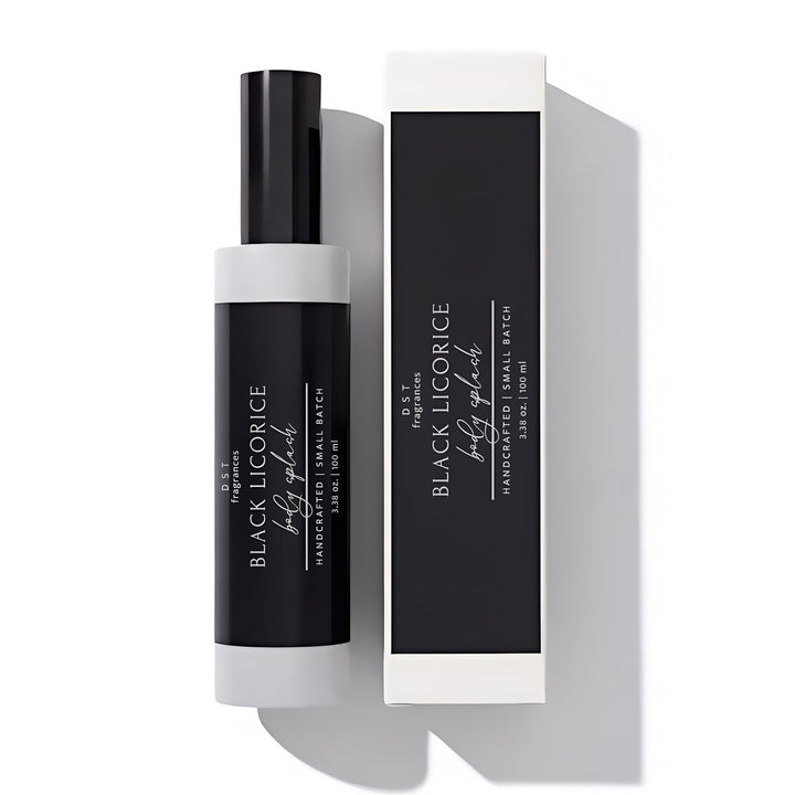 Black licorice body splash with packaging on a white background