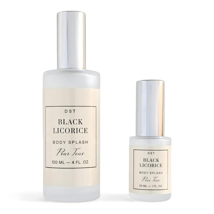 Two bottles of DST Fragrances Black Licorice body splash on a white background