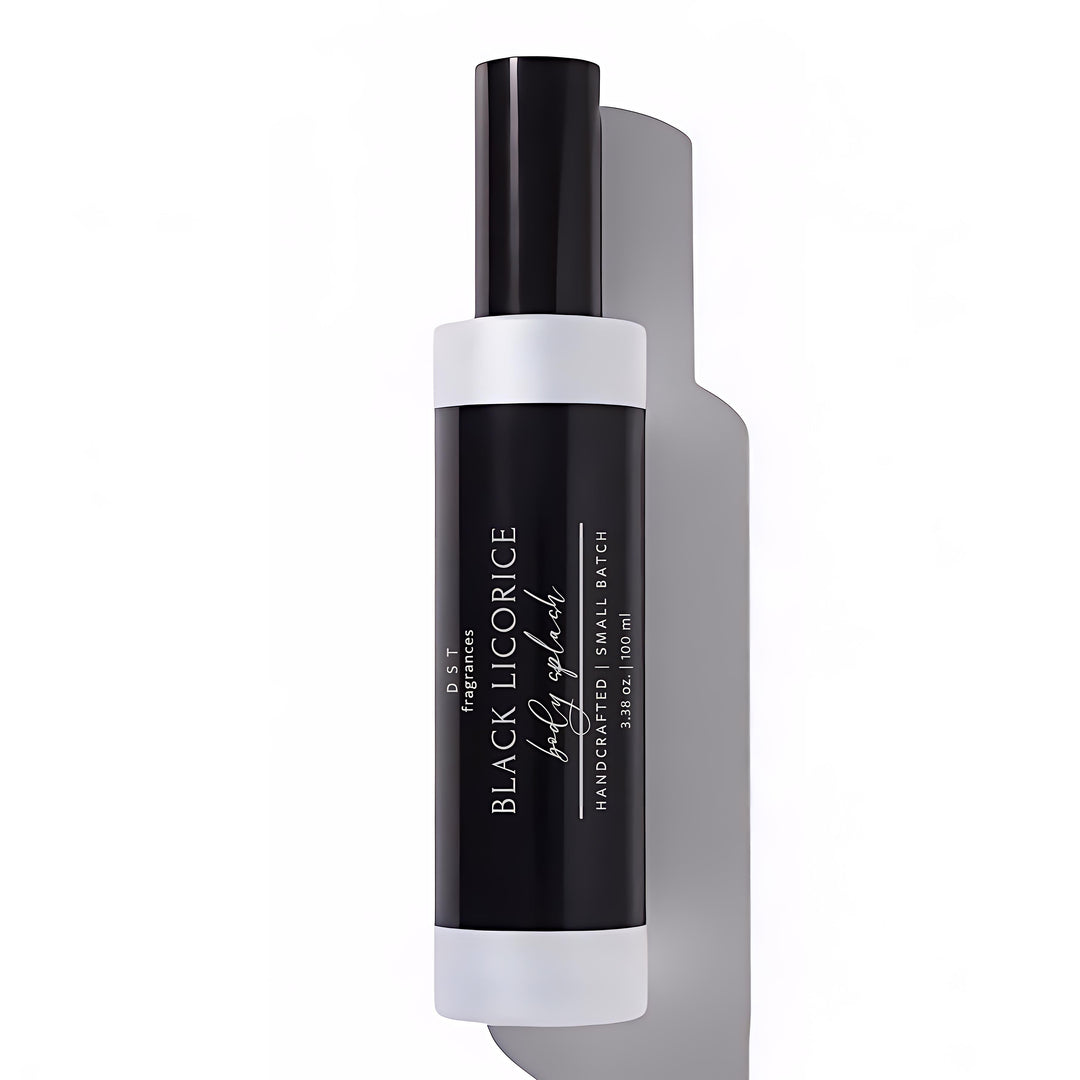 100ml bottle of Black Licorice Scented body splash spray by DST Fragrances against a white background.