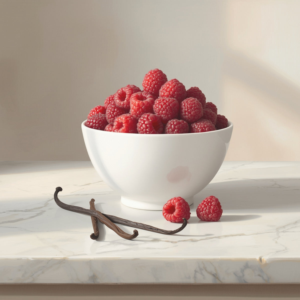 marble counter top with a few long vanilla beans and a white bowl filled with red raspberries against an ivory background.