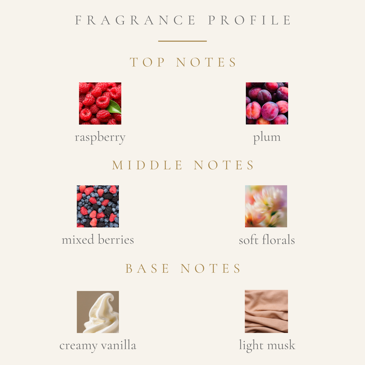 Top notes: raspberry, plum. Middle Notes: mixed berries, soft florals. Base notes: creamy vanilla light musk