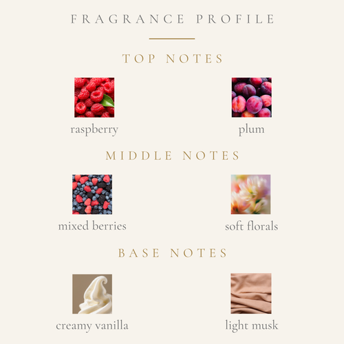 Top notes: raspberry, plum. Middle Notes: mixed berries, soft florals. Base notes: creamy vanilla light musk