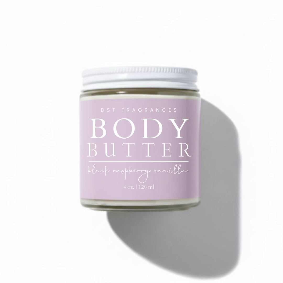 Black Raspberry Vanilla Body butter jar with a purple label on a white background