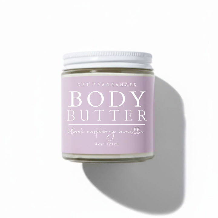 Black Raspberry Vanilla Body butter jar with a purple label on a white background