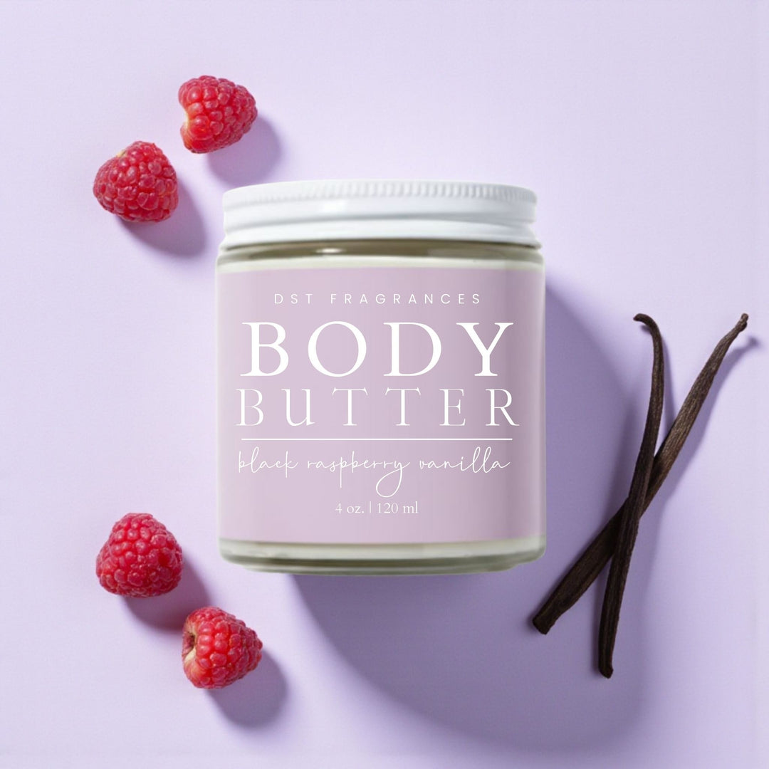 Body butter jar with raspberries and vanilla beans on a light purple background