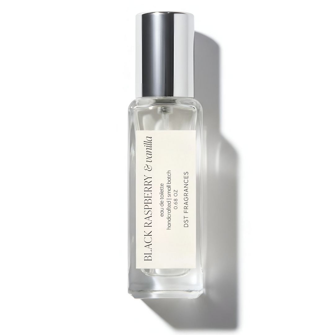 20ml bottle of Black raspberry vanilla eau de toilette by DST Fragrances on a white background.