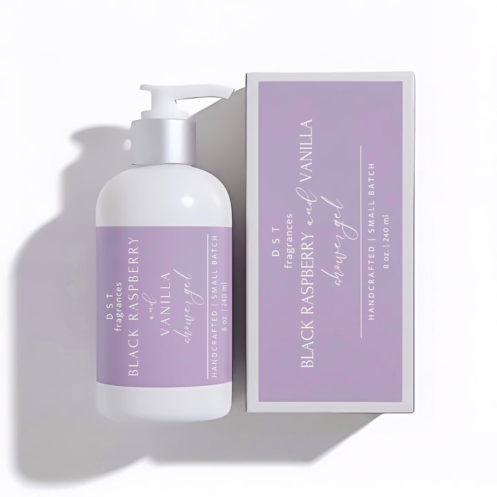 240ml bottle of Black Raspberry Vanilla Scented Shower Gel and its box against a white background.