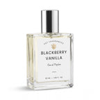 A 50 mL clear glass perfume bottle with a silver cap and a white label reading 'Blackberry Vanilla Eau de Parfum' by DST Fragrances, shown on a white background.