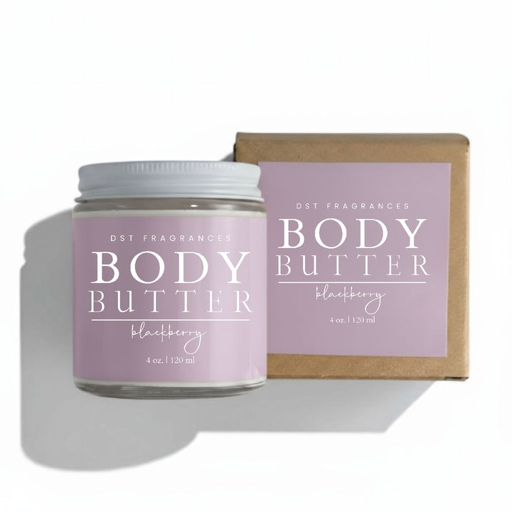 Body butter jar and packaging with 'Blackberry' fragrance on a white background