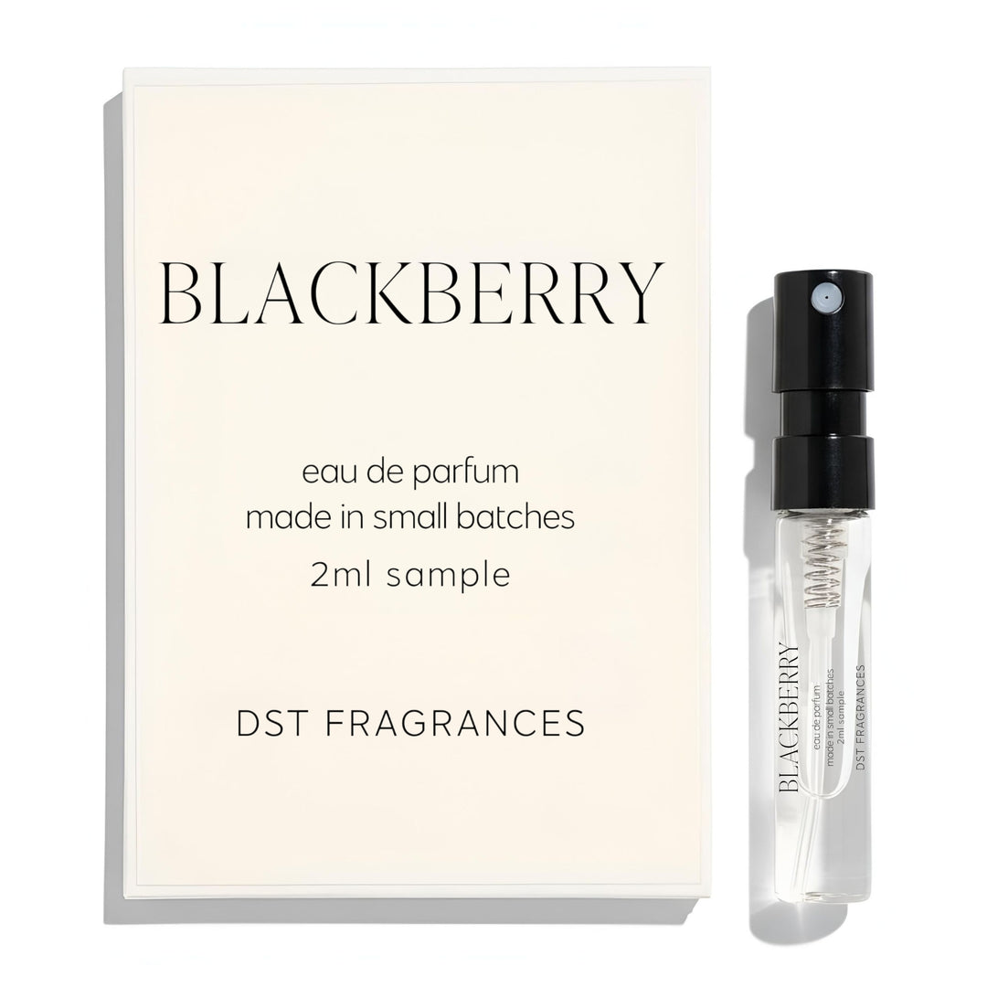 Blackberry eau de parfum sample with packaging on a white background