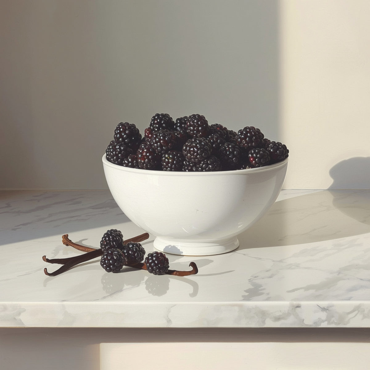 A white ceramic bowl filled with fresh blackberries on a white marble countertop, with vanilla beans placed beside it in soft natural light.