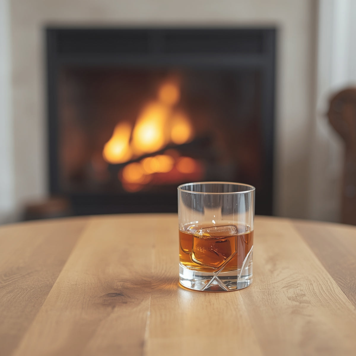 A glass of bourbon sitting on a light wood table in front of a lit firelplace.