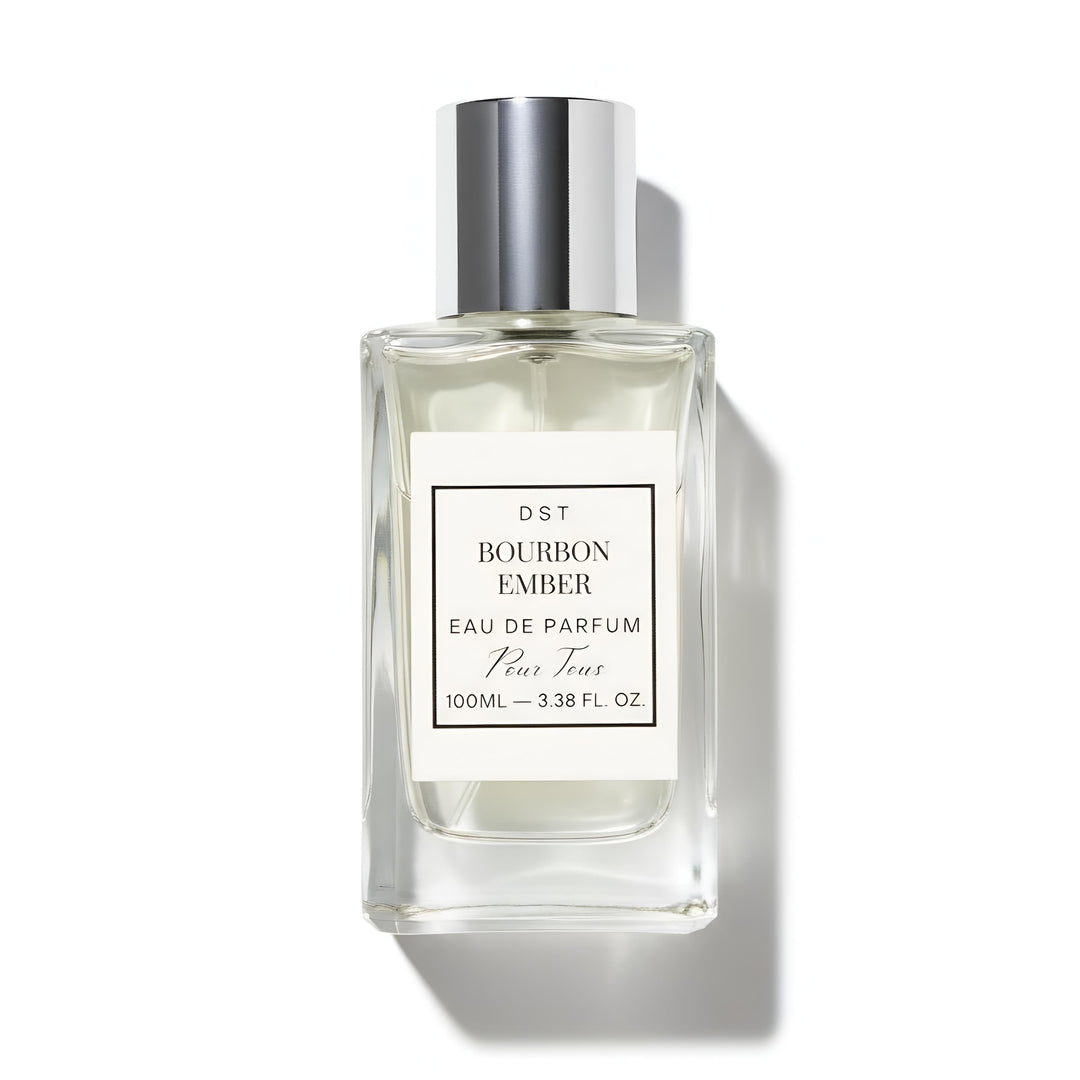 Perfume bottle labeled 'Bourbon Ember' by DST on a white background