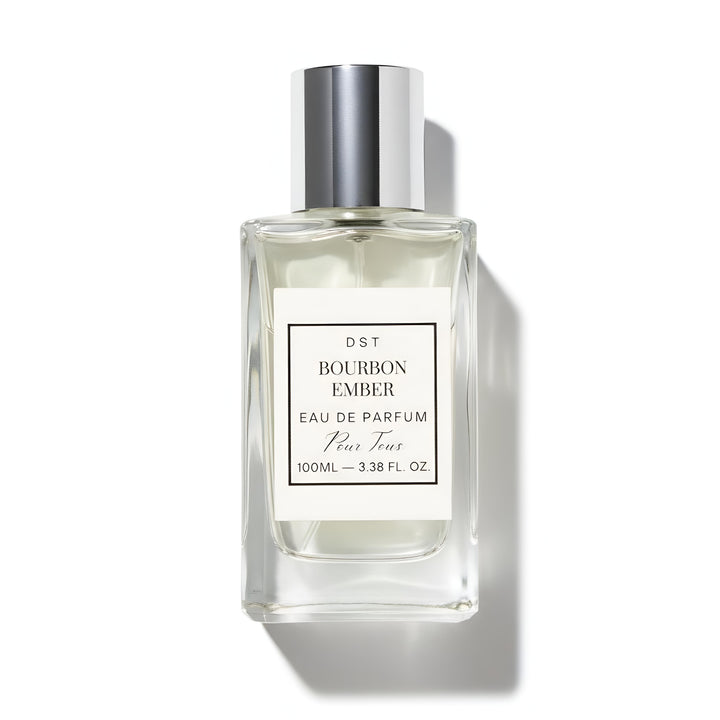 Perfume bottle labeled 'Bourbon Ember' by DST on a white background