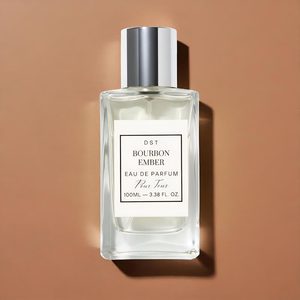 Perfume bottle labeled 'Bourbon Ember' by DST on a brown background